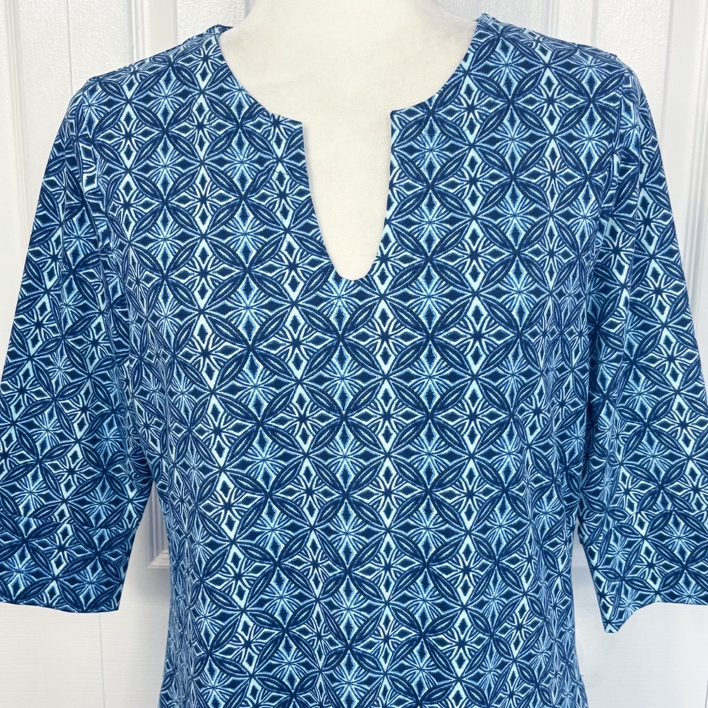 Hang Ten Blue Print Stretch Knit Elbow Sleeve Shift Sun Dress Medium - Picture 2 of 16